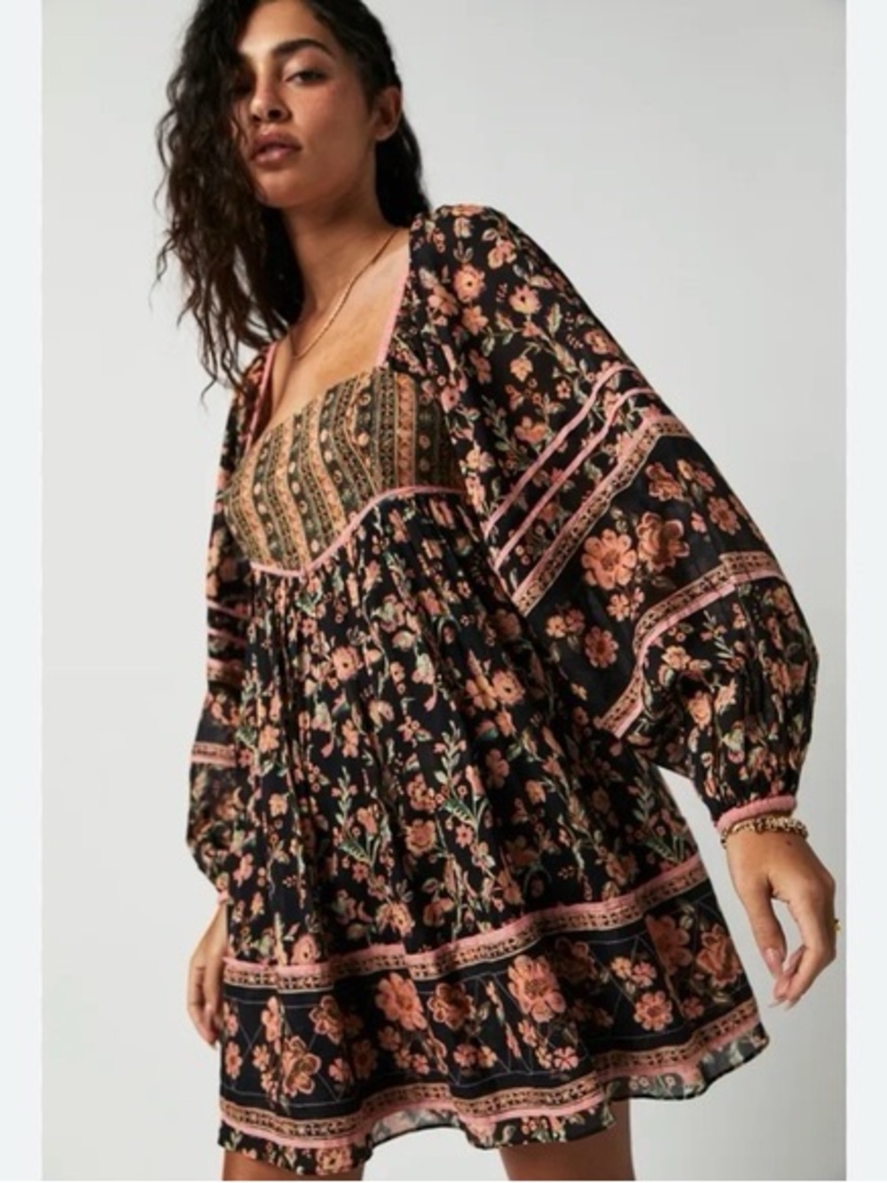 Free People Endless Afternoon Printed Cute Floral Boho Babydoll Mini Dress